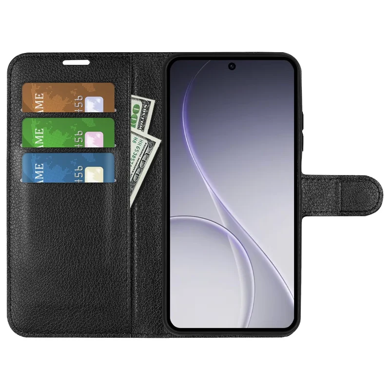 For Oppo Reno15 F 5G Case Wallet Stand Litchi Texture Shockproof Leather Phone Cover - Black