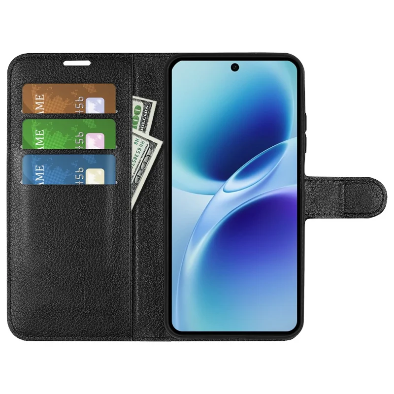 For vivo V70 5G Case Wallet Stand Litchi Texture Shockproof Leather Phone Cover - Black