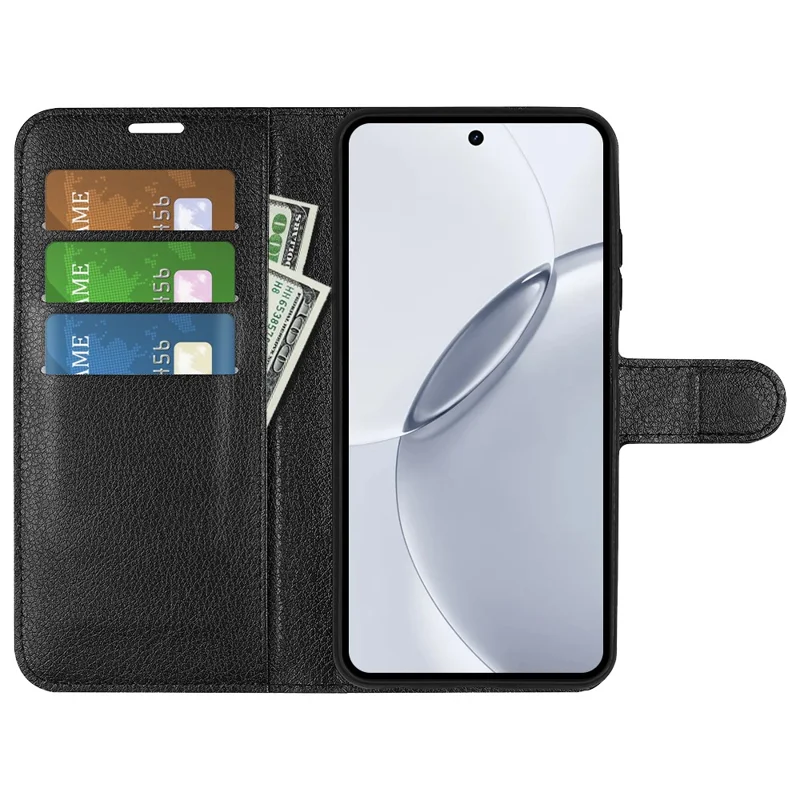 For Realme 16 Pro+ 5G Case Wallet Stand Litchi Texture Shockproof Leather Phone Cover - Black
