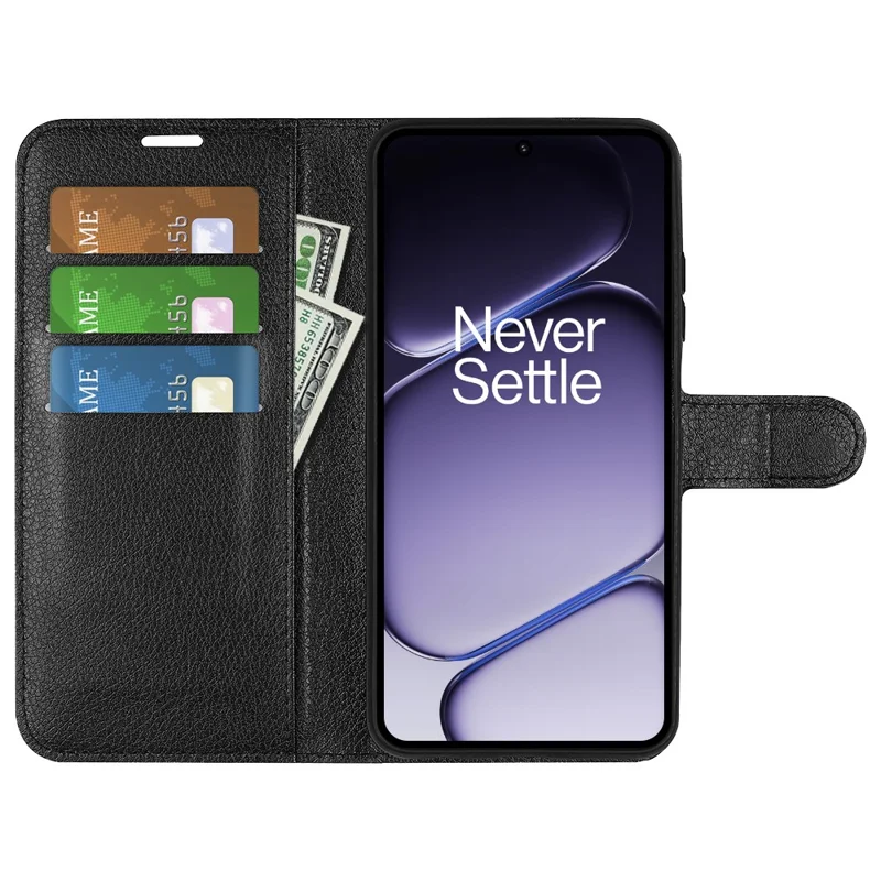 For OnePlus Turbo 6 5G Case Wallet Stand Litchi Texture Shockproof Leather Phone Cover - Black