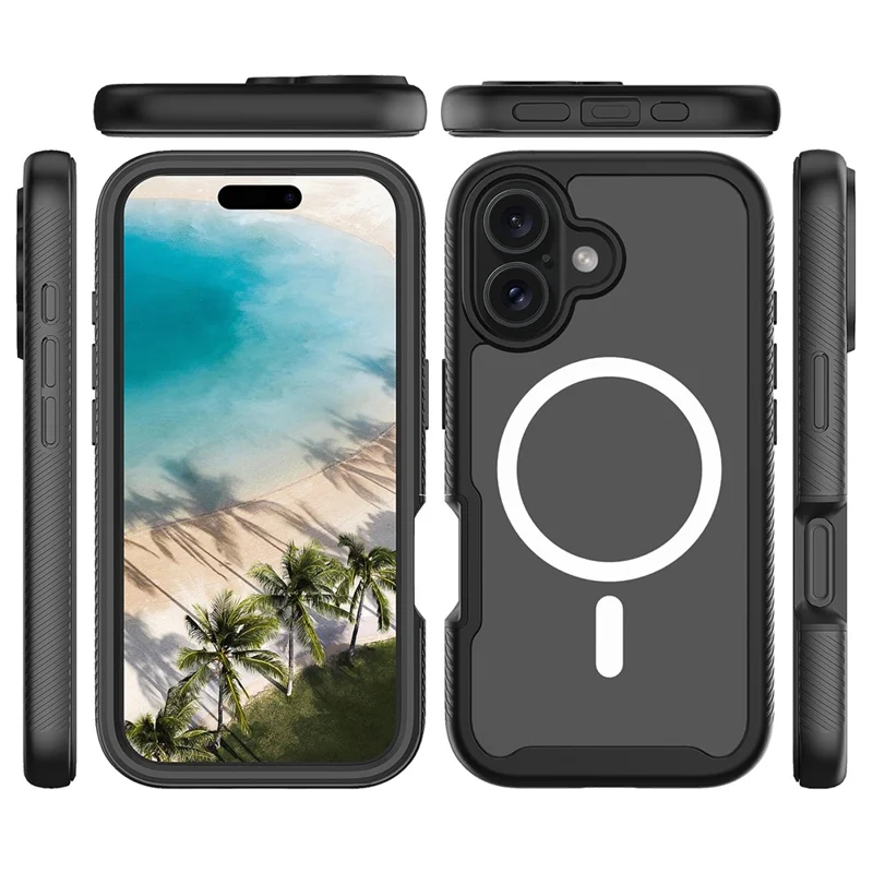 For iPhone 16 Magnetic Case PC + TPU Protective Phone Cover with PET Screen Film - Black