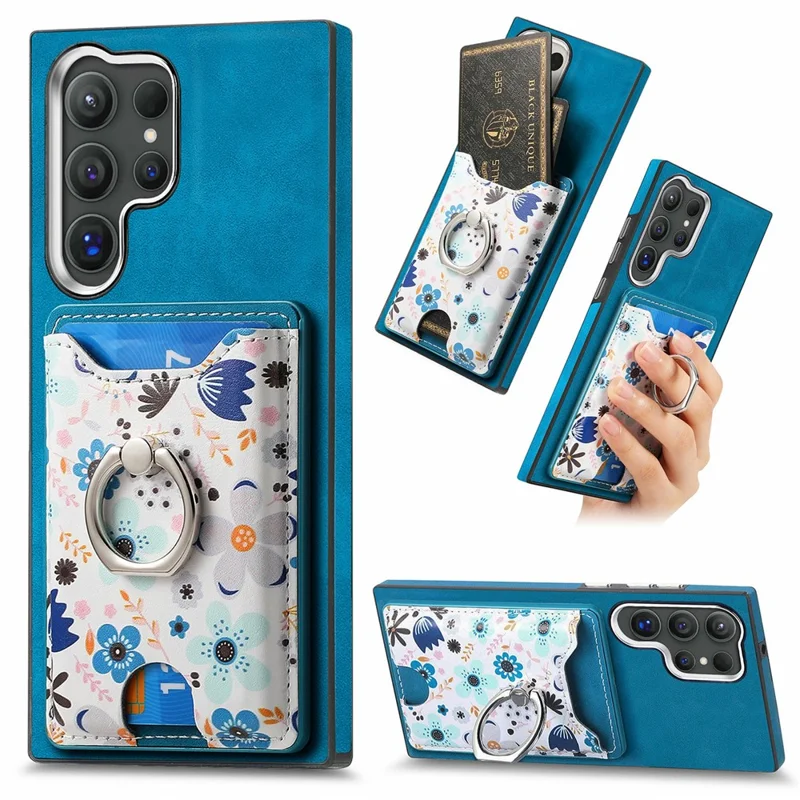 For Samsung Galaxy S26 Ultra Case with Card Holder and Kickstand Pattern Leather Back Cover - Blue