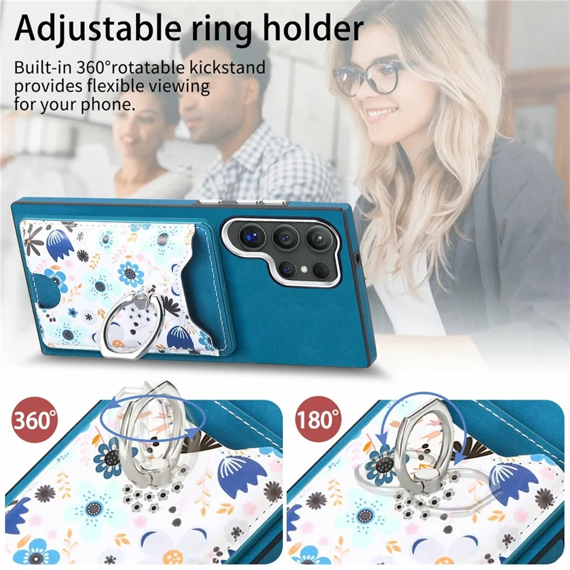 For Samsung Galaxy S26 Ultra Case with Card Holder and Kickstand Pattern Leather Back Cover - Blue