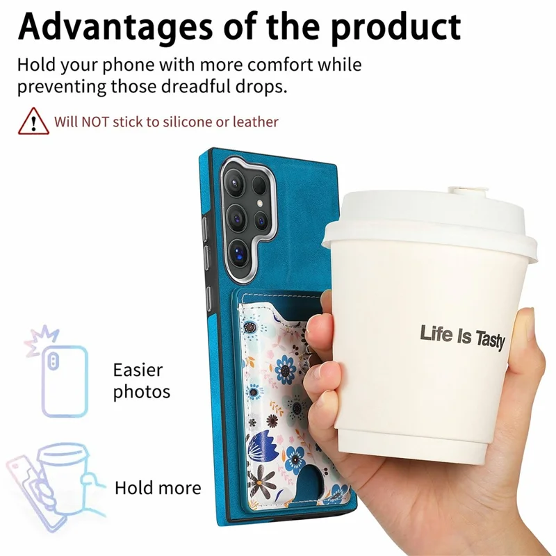 For Samsung Galaxy S26 Ultra Case with Card Holder and Kickstand Pattern Leather Back Cover - Blue