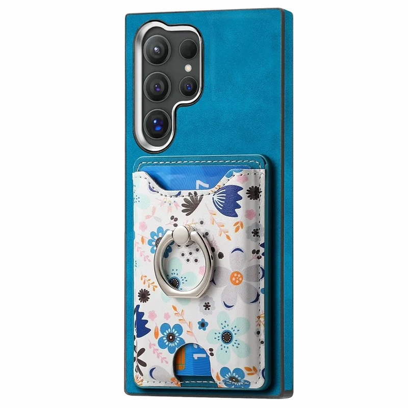 For Samsung Galaxy S26 Ultra Case with Card Holder and Kickstand Pattern Leather Back Cover - Blue