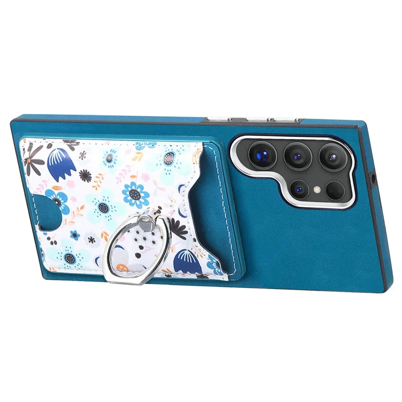 For Samsung Galaxy S26 Ultra Case with Card Holder and Kickstand Pattern Leather Back Cover - Blue