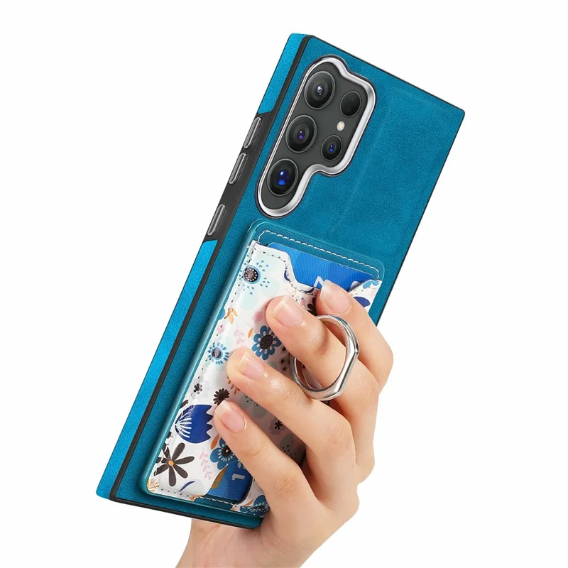 For Samsung Galaxy S26 Ultra Case with Card Holder and Kickstand Pattern Leather Back Cover - Blue