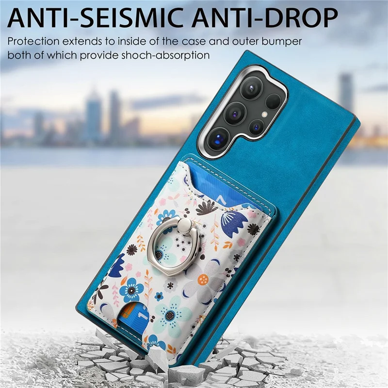 For Samsung Galaxy S26 Ultra Case with Card Holder and Kickstand Pattern Leather Back Cover - Blue