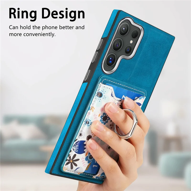 For Samsung Galaxy S26 Ultra Case with Card Holder and Kickstand Pattern Leather Back Cover - Blue