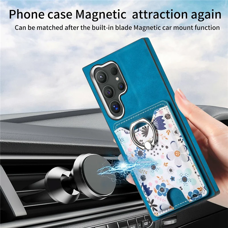 For Samsung Galaxy S26 Ultra Case with Card Holder and Kickstand Pattern Leather Back Cover - Blue