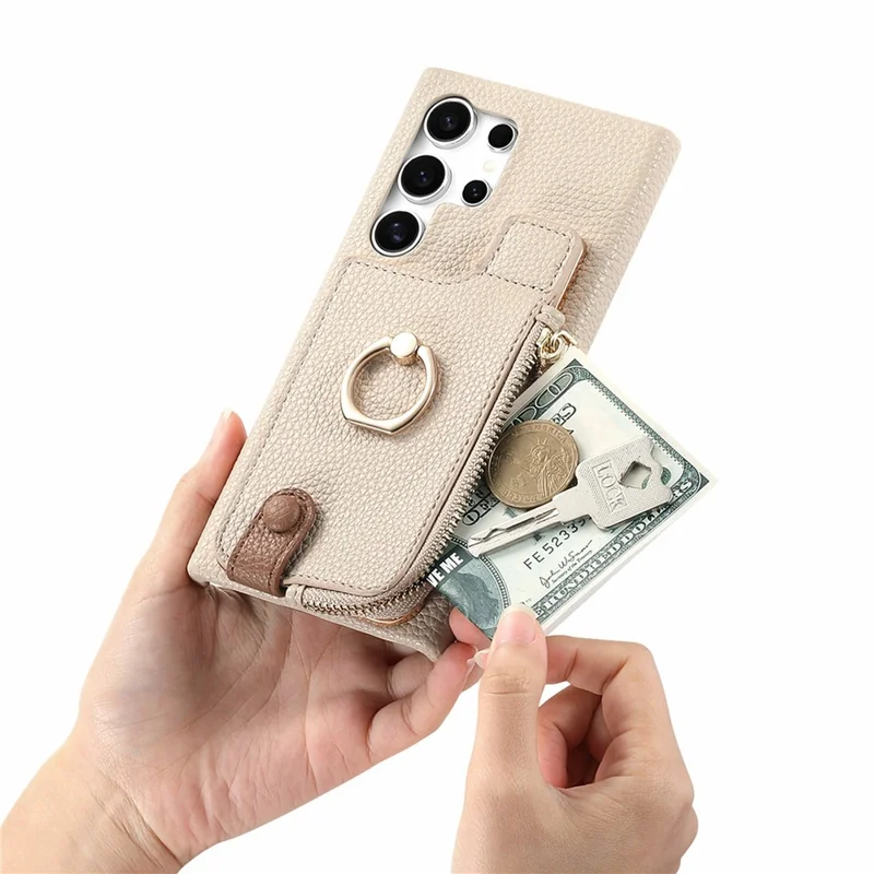 For Samsung Galaxy S26 Ultra Case RFID Blocking Phone Wallet Cover Supports Magnetic Car Holder - Khaki