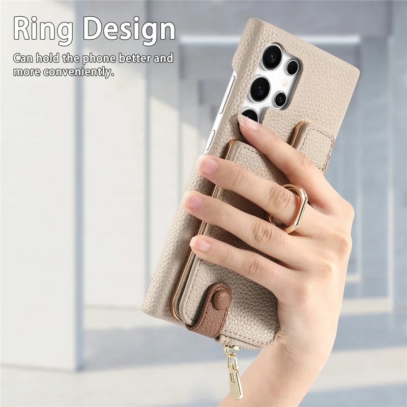 For Samsung Galaxy S26 Ultra Case RFID Blocking Phone Wallet Cover Supports Magnetic Car Holder - Khaki