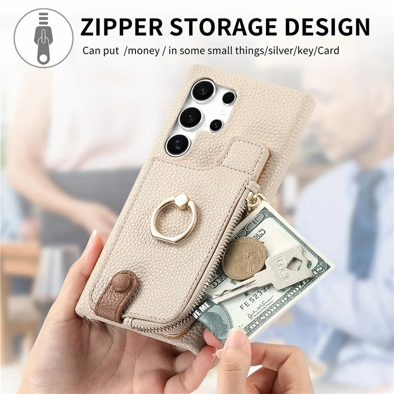 For Samsung Galaxy S26 Ultra Case RFID Blocking Phone Wallet Cover Supports Magnetic Car Holder - Khaki