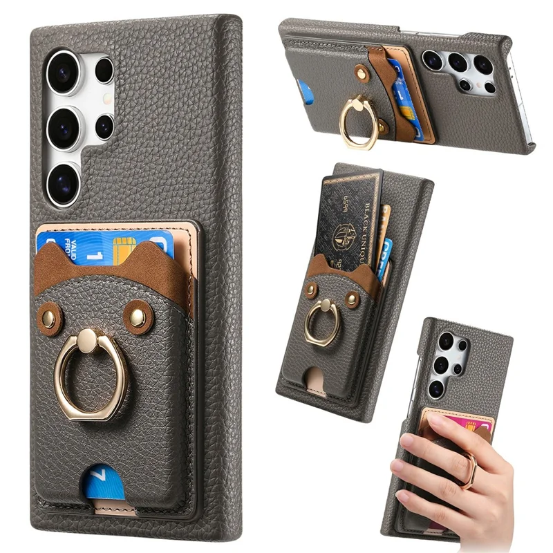 For Samsung Galaxy S26 Ultra PU Leather Phone Back Cover with Cute Bear Design Card Holder - Grey