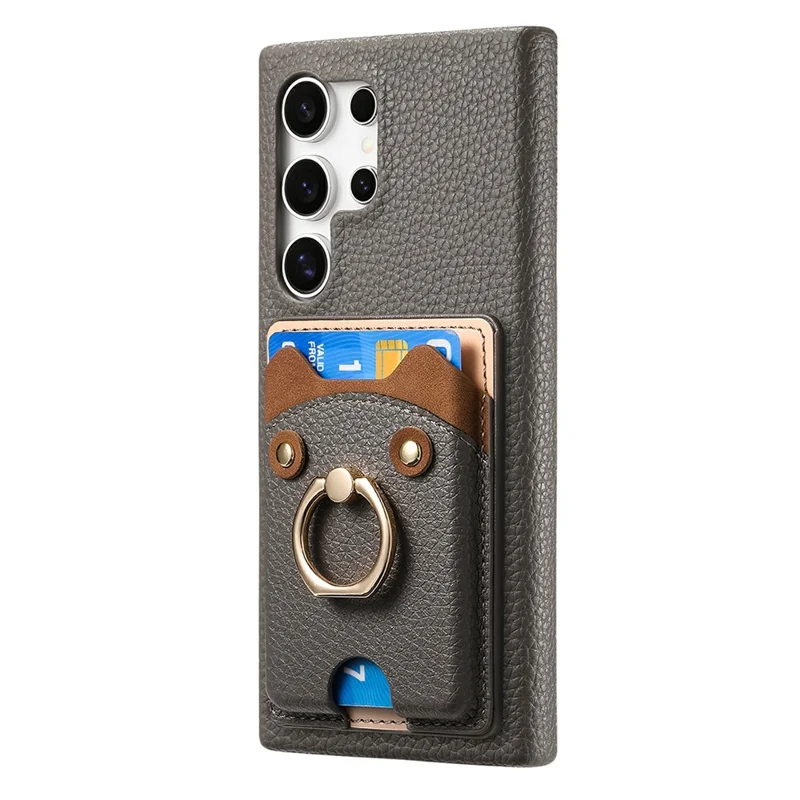 For Samsung Galaxy S26 Ultra PU Leather Phone Back Cover with Cute Bear Design Card Holder - Grey