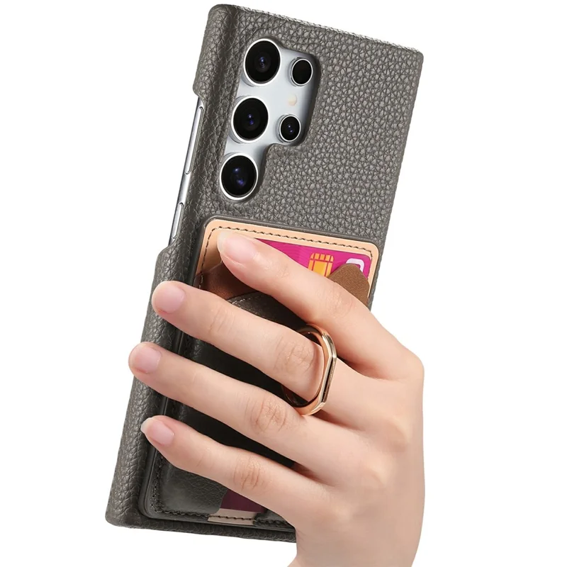 For Samsung Galaxy S26 Ultra PU Leather Phone Back Cover with Cute Bear Design Card Holder - Grey