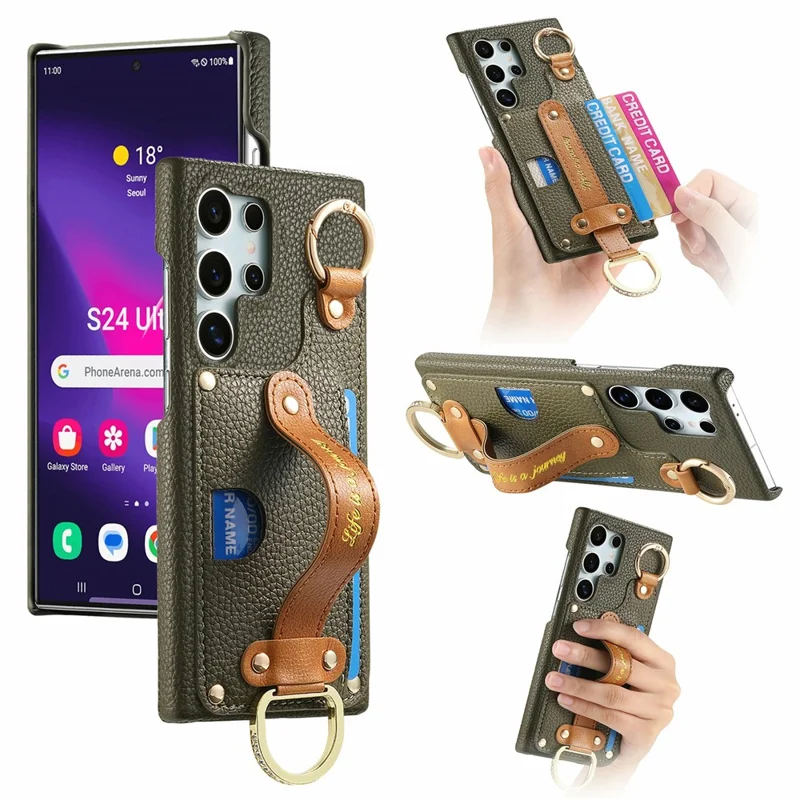 For Samsung Galaxy S26 Ultra Case Wristband Leather Back Cover with Card Holder - Midnight Green