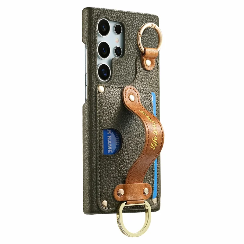 For Samsung Galaxy S26 Ultra Case Wristband Leather Back Cover with Card Holder - Midnight Green