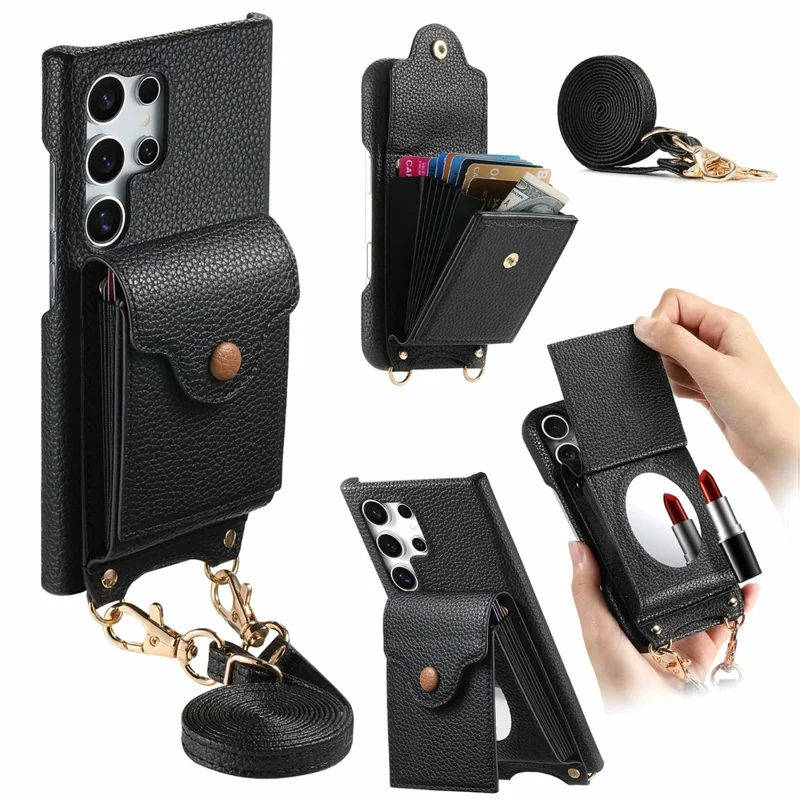 For Samsung Galaxy S26 Ultra Case Mirror Card Holder Litchi Texture Leather Phone Back Cover with Long Strap - Black