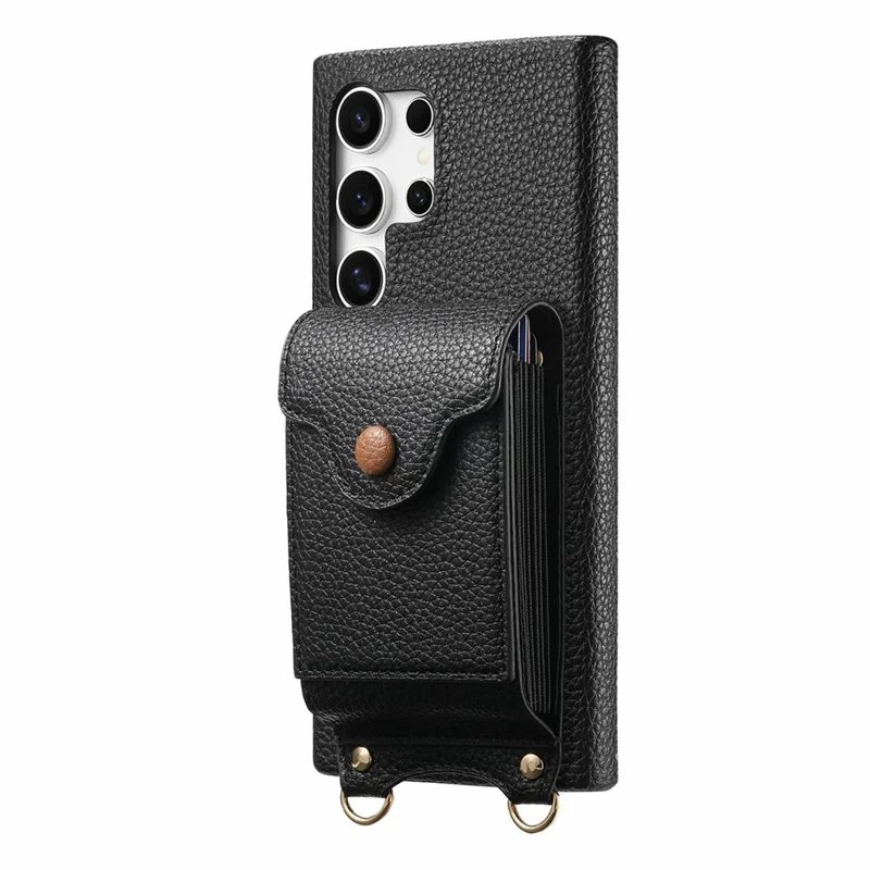 For Samsung Galaxy S26 Ultra Case Mirror Card Holder Litchi Texture Leather Phone Back Cover with Long Strap - Black