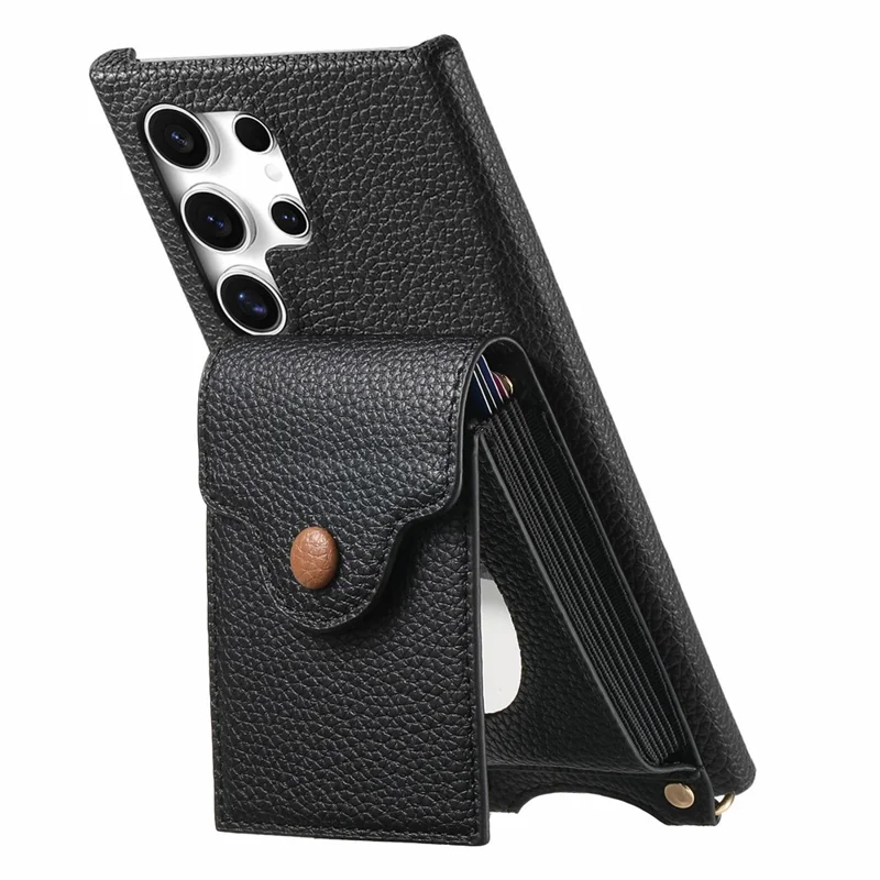 For Samsung Galaxy S26 Ultra Case Mirror Card Holder Litchi Texture Leather Phone Back Cover with Long Strap - Black