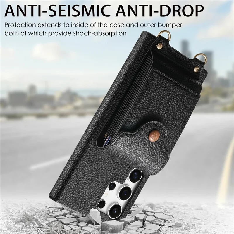 For Samsung Galaxy S26 Ultra Case Mirror Card Holder Litchi Texture Leather Phone Back Cover with Long Strap - Black