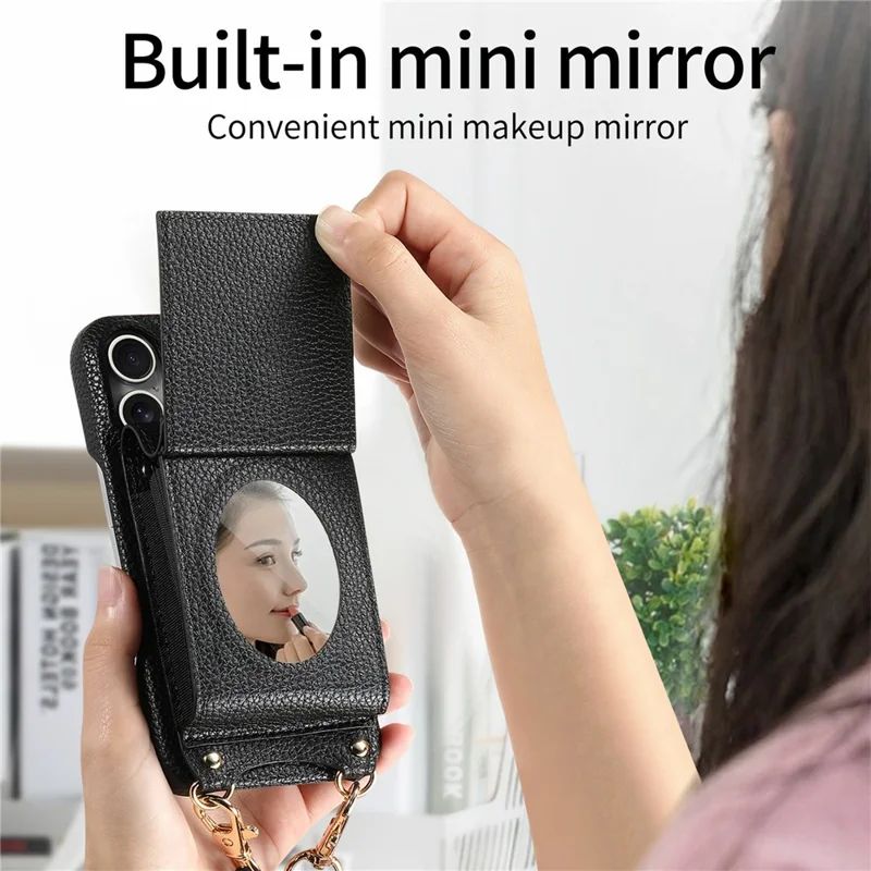 For Samsung Galaxy S26 Ultra Case Mirror Card Holder Litchi Texture Leather Phone Back Cover with Long Strap - Black