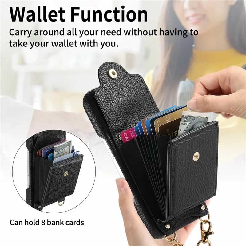For Samsung Galaxy S26 Ultra Case Mirror Card Holder Litchi Texture Leather Phone Back Cover with Long Strap - Black