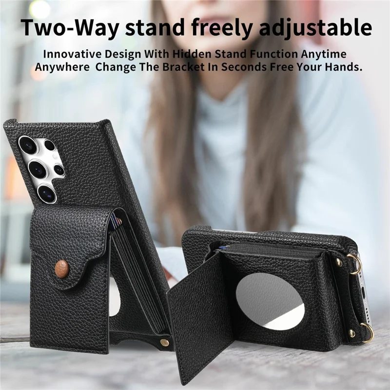 For Samsung Galaxy S26 Ultra Case Mirror Card Holder Litchi Texture Leather Phone Back Cover with Long Strap - Black
