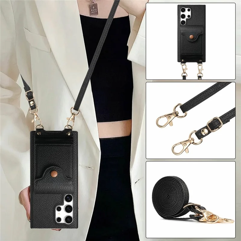 For Samsung Galaxy S26 Ultra Case Mirror Card Holder Litchi Texture Leather Phone Back Cover with Long Strap - Black