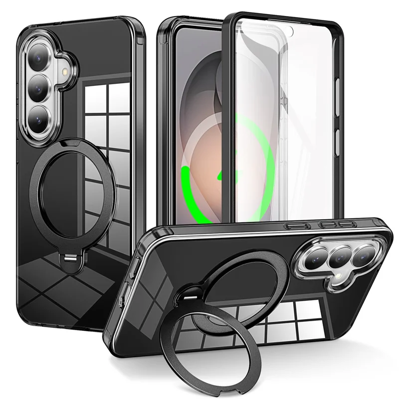 For Samsung Galaxy S26 Phone Case with Screen Protector Magnetic Metal Ring Kickstand Soft-touch TPU + PC Cover - Black