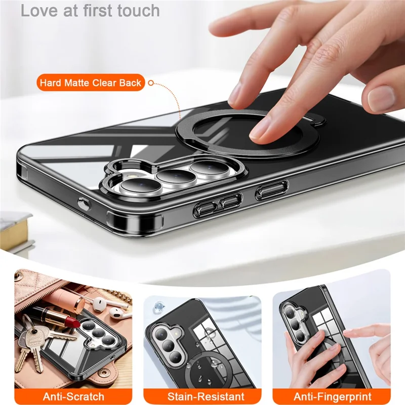 For Samsung Galaxy S26 Phone Case with Screen Protector Magnetic Metal Ring Kickstand Soft-touch TPU + PC Cover - Black