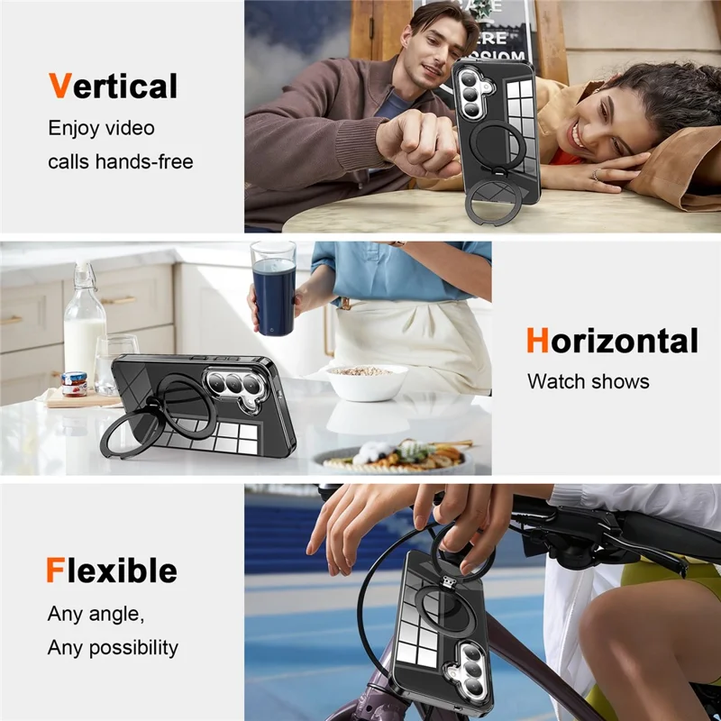 For Samsung Galaxy S26 Phone Case with Screen Protector Magnetic Metal Ring Kickstand Soft-touch TPU + PC Cover - Black