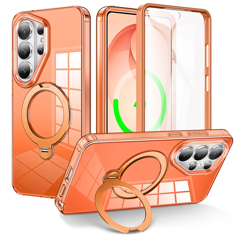For Samsung Galaxy S26 Ultra Phone Case with Screen Protector Magnetic Metal Ring Kickstand Soft-touch TPU + PC Cover - Orange