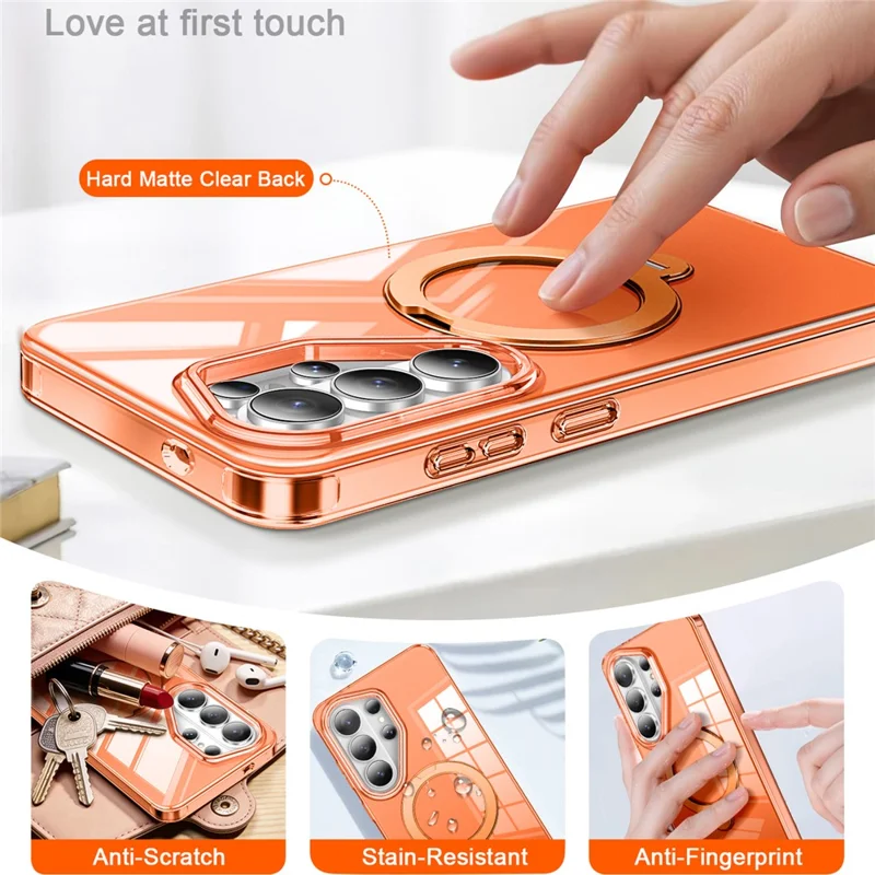 For Samsung Galaxy S26 Ultra Phone Case with Screen Protector Magnetic Metal Ring Kickstand Soft-touch TPU + PC Cover - Orange