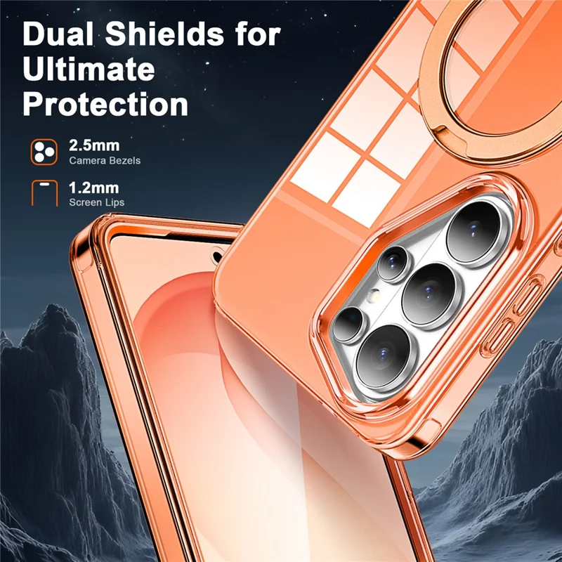 For Samsung Galaxy S26 Ultra Phone Case with Screen Protector Magnetic Metal Ring Kickstand Soft-touch TPU + PC Cover - Orange