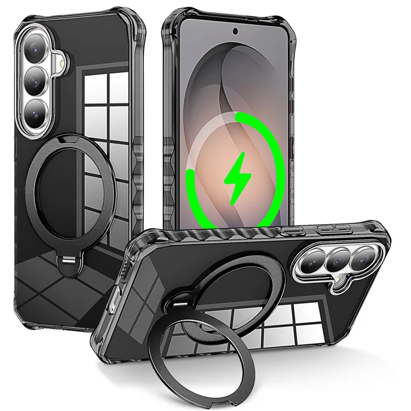 For Samsung Galaxy S26 Phone Case Magnetic Metal Ring Kickstand Soft-touch TPU + PC Cover - Black