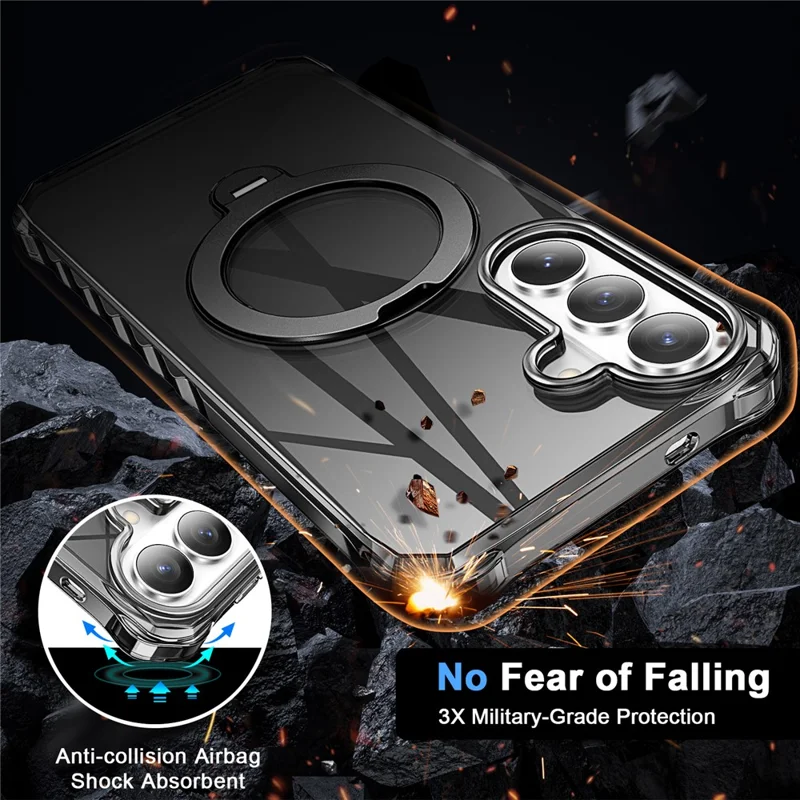 For Samsung Galaxy S26 Phone Case Magnetic Metal Ring Kickstand Soft-touch TPU + PC Cover - Black