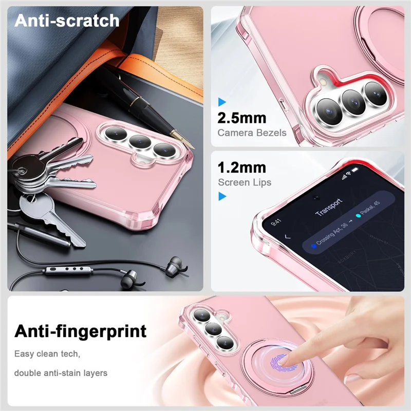 For Samsung Galaxy S26+ Matte Phone Case Magnetic Metal Ring Kickstand Soft-touch TPU + PC Cover - Pink
