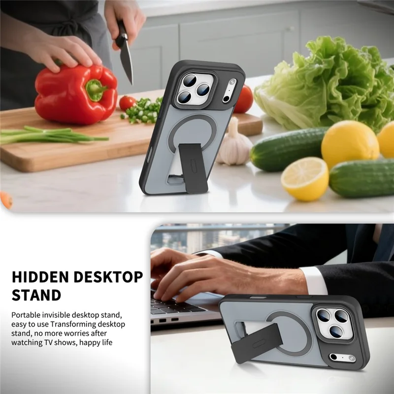 For iPhone 17 Pro Magnetic Case with Hidden Kickstand Shockproof TPU + PC Cover Compatible with MagSafe - Black