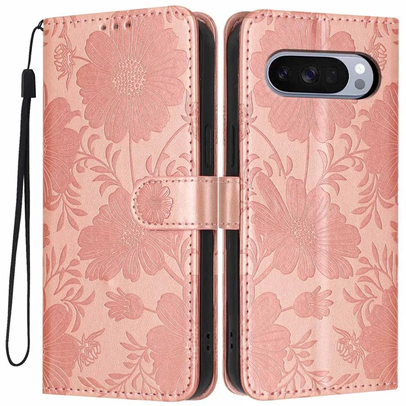 For Google Pixel 9 Pro  /  Pixel 10 Pro Wallet Case Imprint Floral PU Leather Stand Flip Phone Cover with Wrist Strap - Rose Gold