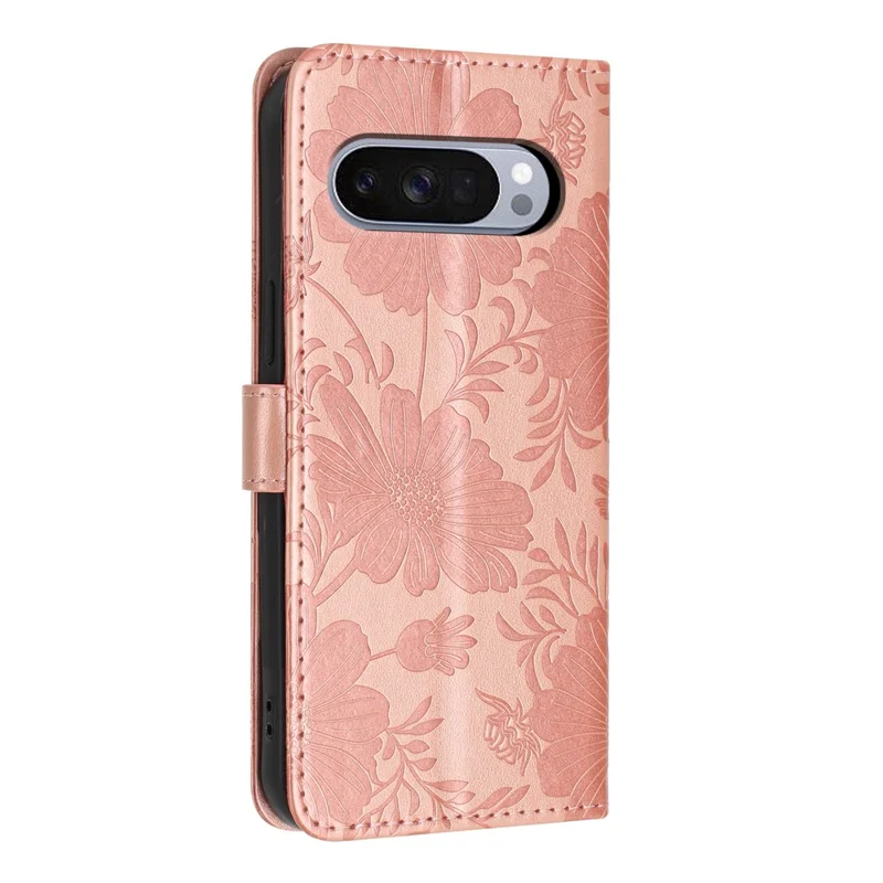 For Google Pixel 9 Pro  /  Pixel 10 Pro Wallet Case Imprint Floral PU Leather Stand Flip Phone Cover with Wrist Strap - Rose Gold