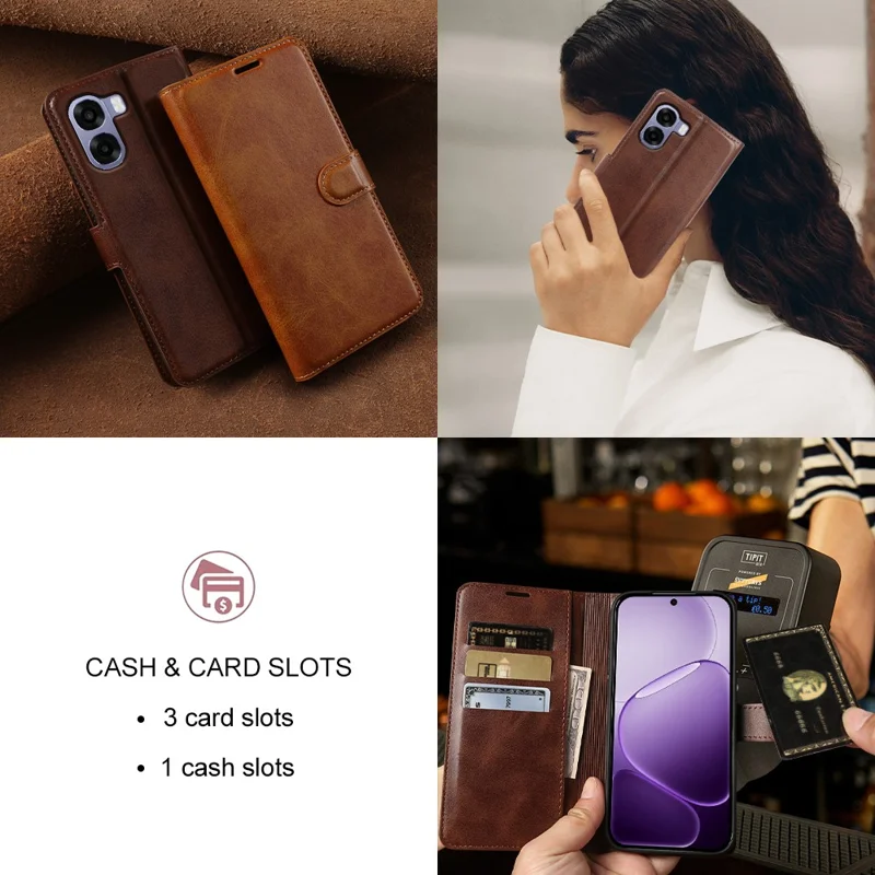 For Oppo A6x 4G  /  A6x 5G Case Stand Wallet Calf Texture PU Leather Flip Phone Cover - Brown
