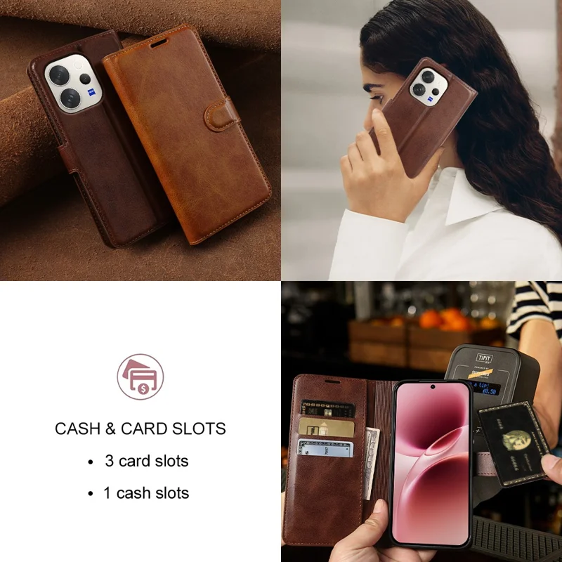 Étui pour vivo V70 5G, étui à rabat avec support et portefeuille en cuir synthétique PU texture veau - Brun