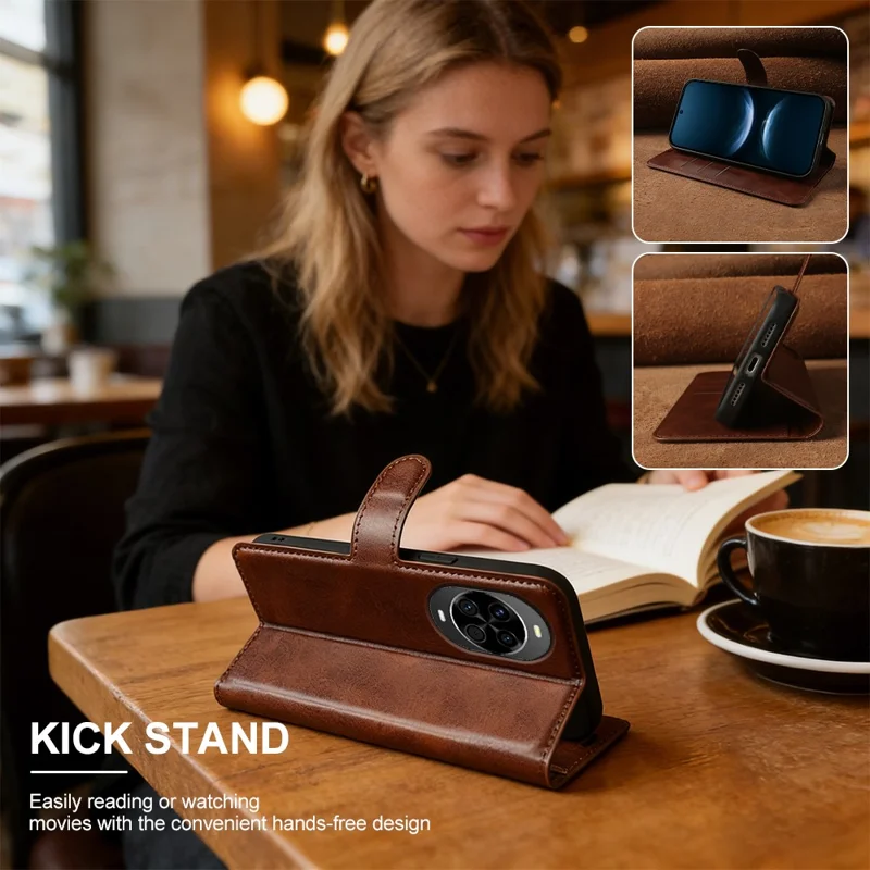 Étui pour Huawei nova 14 5G, étui portefeuille avec support en cuir synthétique texturé veau - Brun