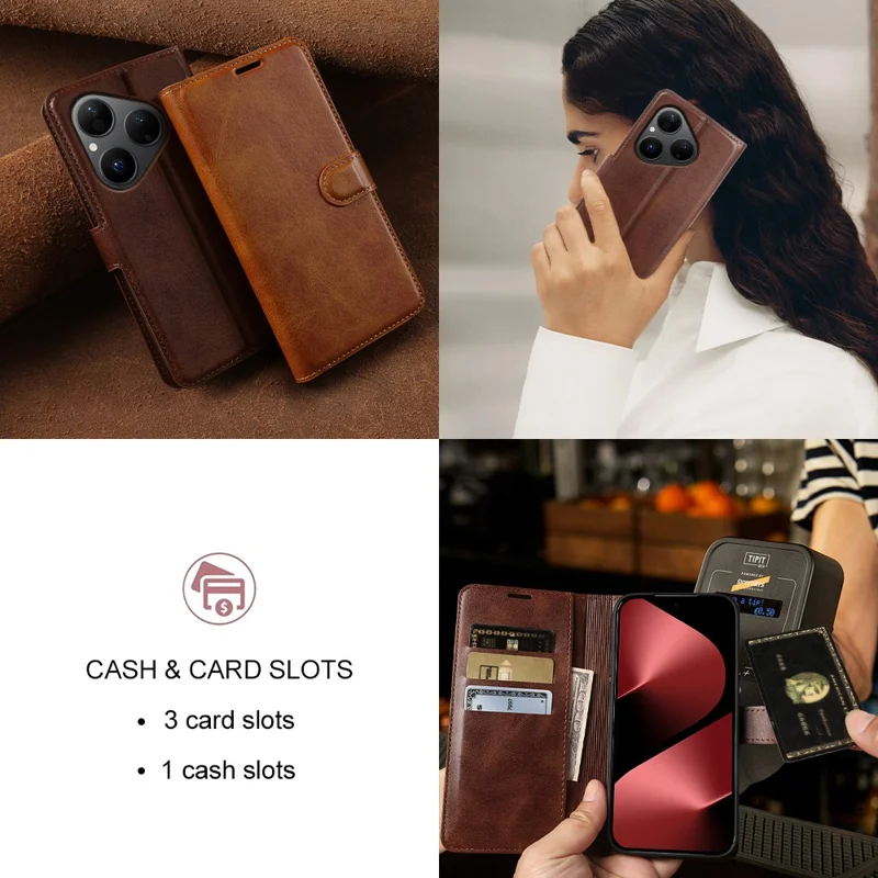 For Huawei Pura 80 Case Stand Wallet Calf Texture PU Leather Flip Phone Cover - Brown