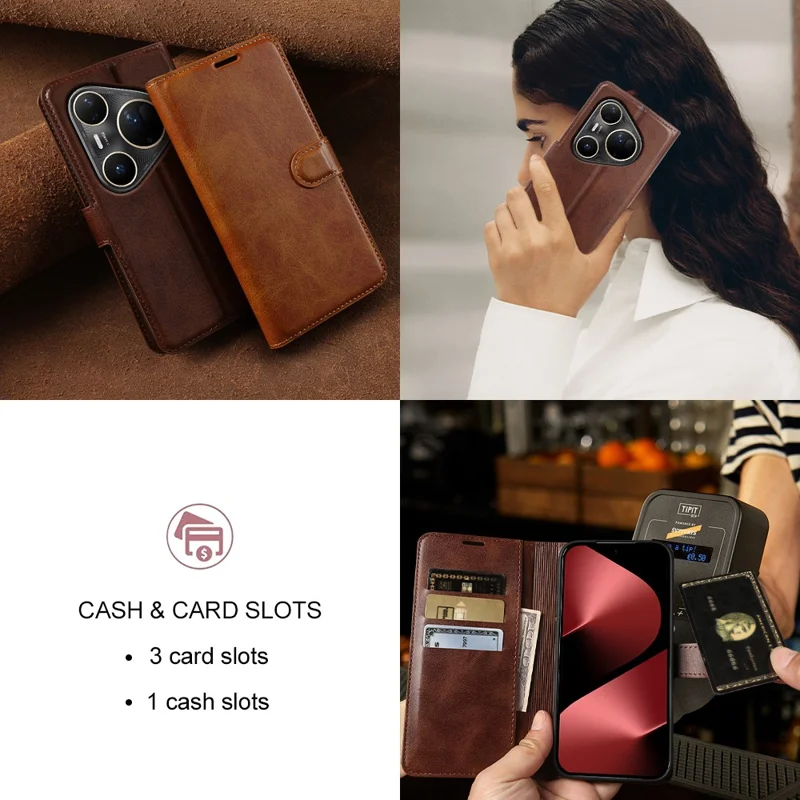 For Huawei Pura 80 Ultra Case Stand Wallet Calf Texture PU Leather Flip Phone Cover - Brown