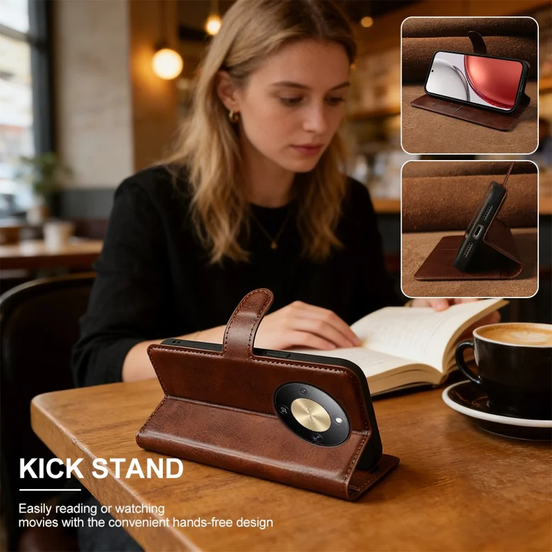Per Honor Magic8 Lite 5G / X9d 5G / X70 5G Custodia Stand Portafoglio con Chiusura Magnetica in Pelle PU con Texture a Vitello - Marrone