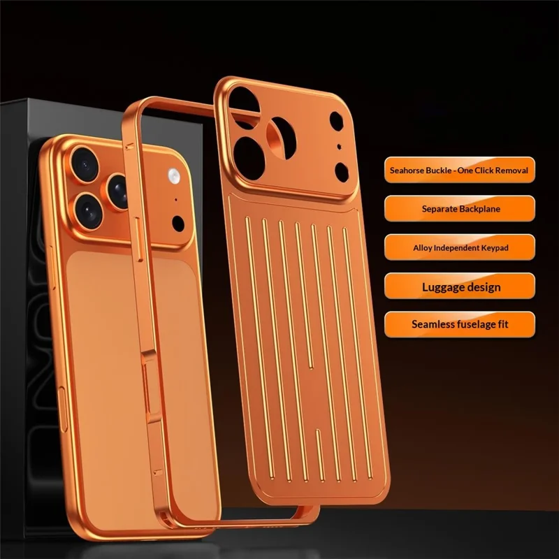 For iPhone 17 Pro Max Case Seahorse Buckle Luggage Design Aluminum Alloy Phone Cover - Orange