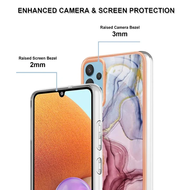 YB IMD Series-16 Style E for Samsung Galaxy A32 4G (EU Version) 2.0mm Marble Pattern TPU Cover IMD Electroplating Frame Cell Phone Case - Rose Gold